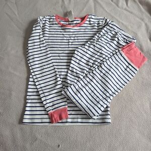 Mini Boden Navy and White Striped Pajama Set with Pink Trim